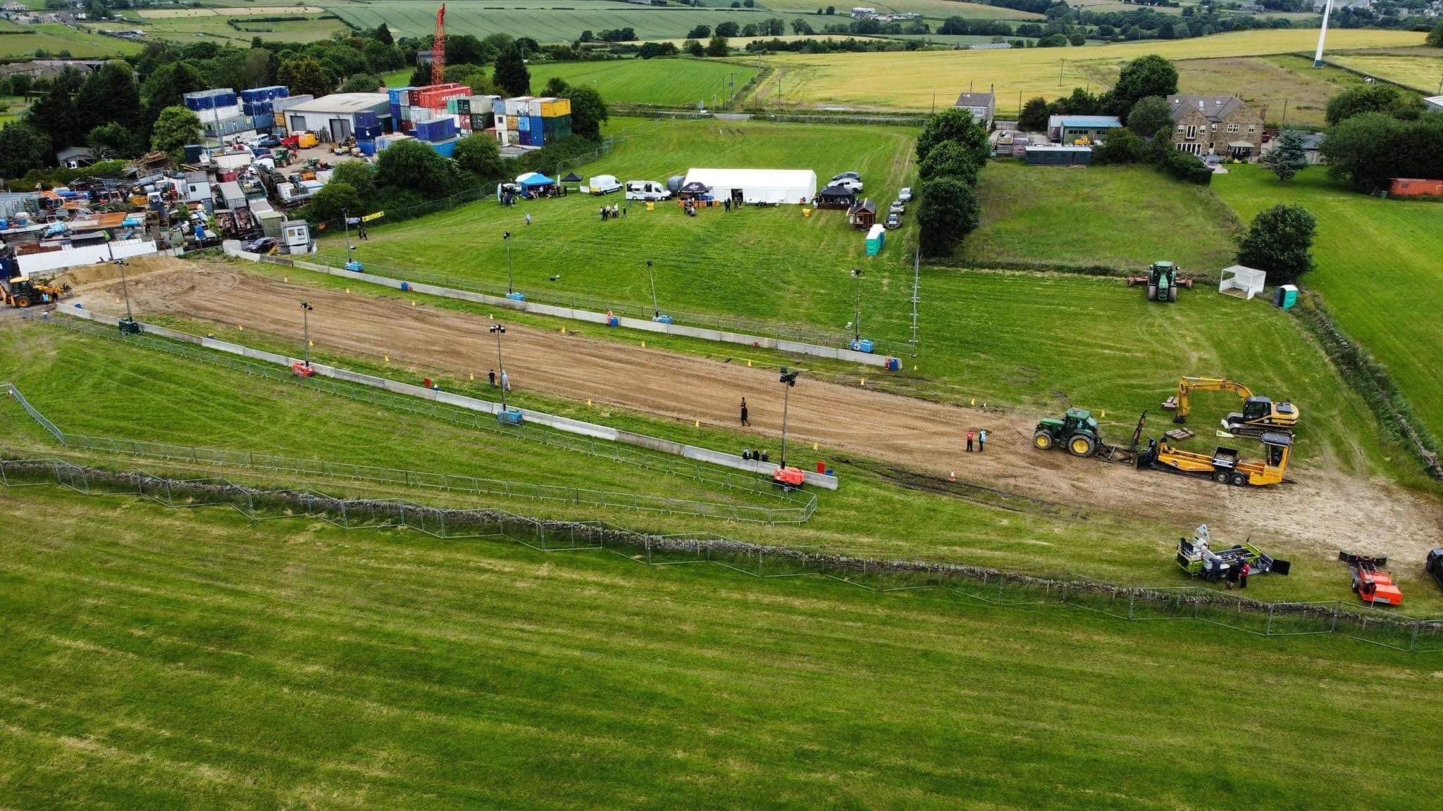 Aerial view of the Emley Moor Tractor Pulling track and event site